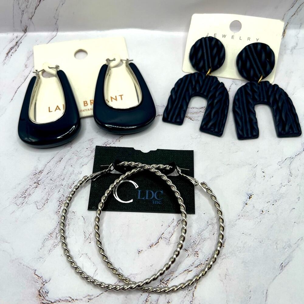 New black, blue, and silver tone large earrings, 3 pairs